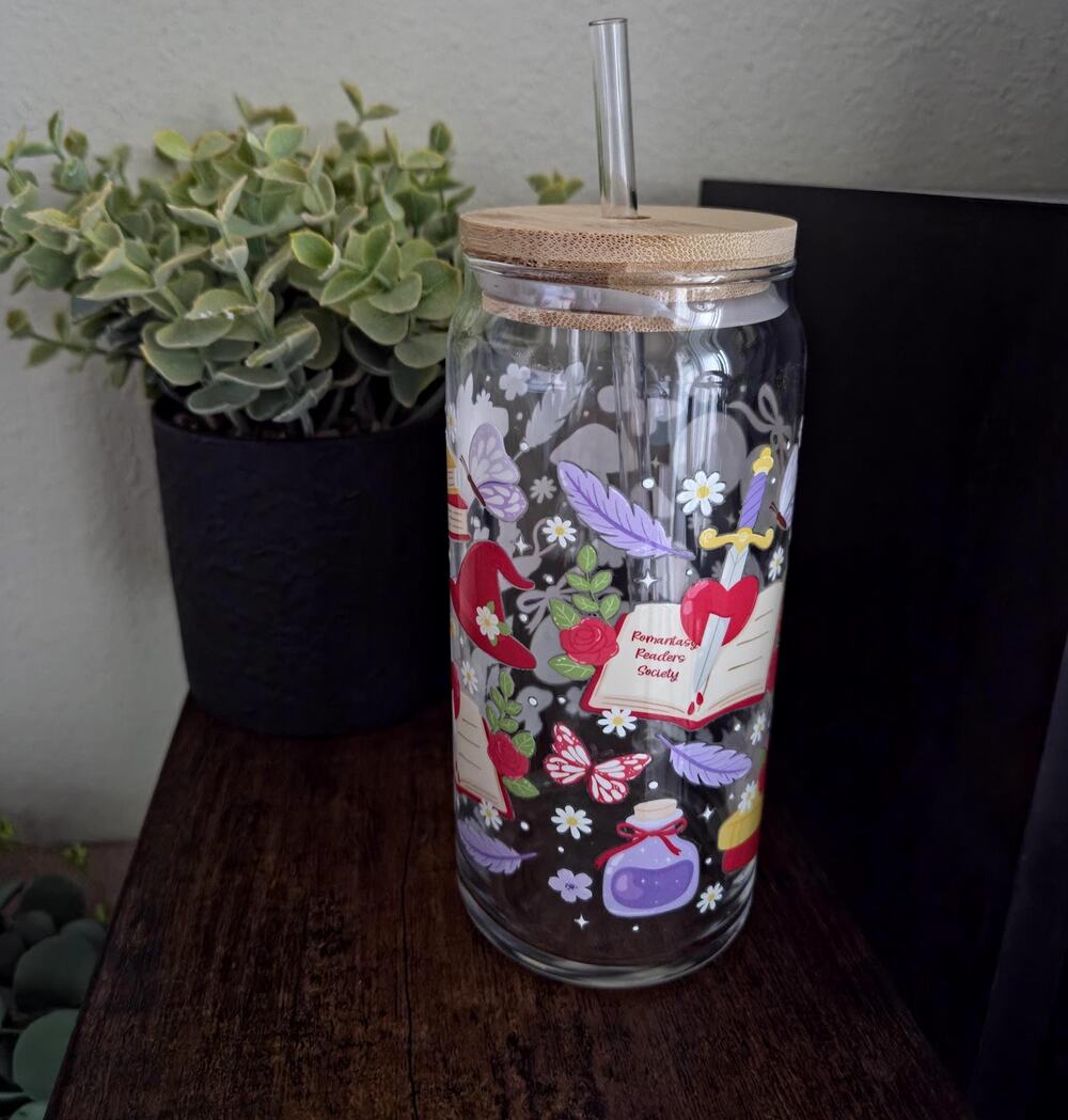 Fantasy Garden Picnic Glass Tumbler, Bookish Dragon Sword Design, Bamboo Lid